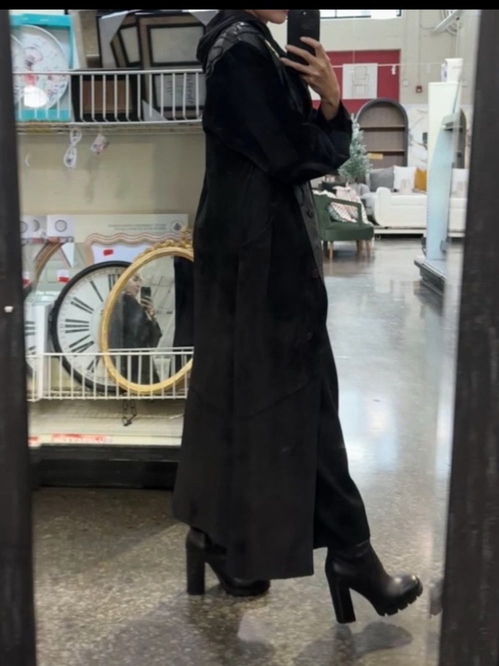Vintage Black Long Trench Coat with Textured Leather Detailing